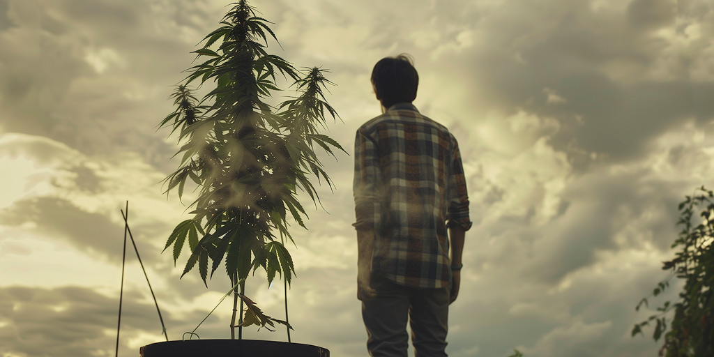 Un homme regarde une plante de cannabis géante.