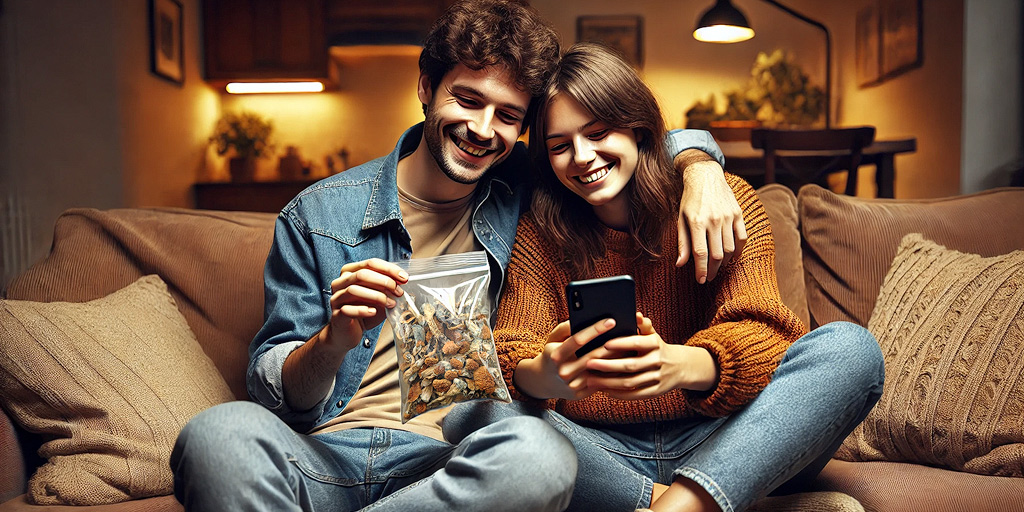 Un couple calcule le dosage des champignons avec un smartphone.