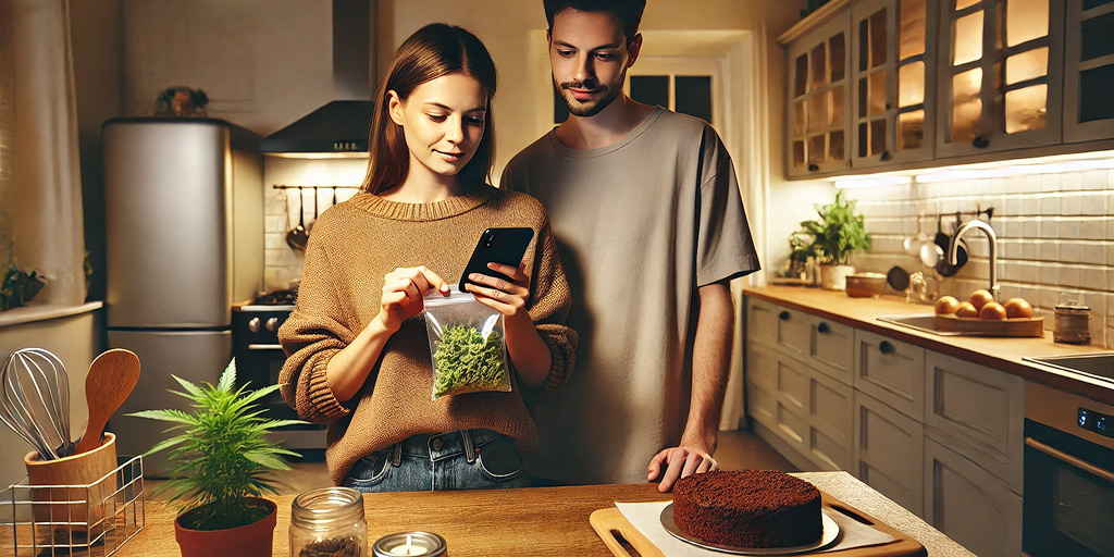 Un jeune homme et une jeune femme calculent la quantité de cannabis pour un spacecake avec un smartphone dans une cuisine moderne et chaleureuse.