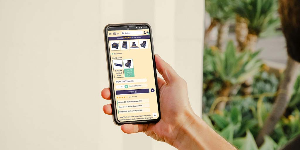 Page produit de Dutch Headshop sur un smartphone, expliquant la remise par quantité.