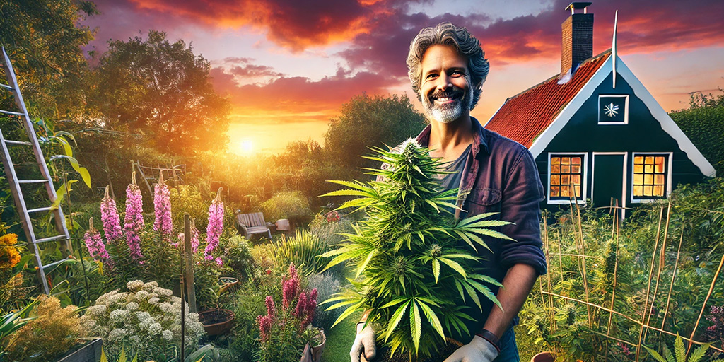 Un homme montre fièrement sa plante de cannabis dans un jardin typiquement hollandais lors d'un magnifique coucher de soleil.